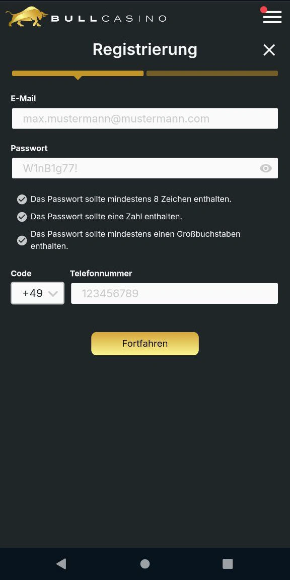 Registrierung bei Bullcasino