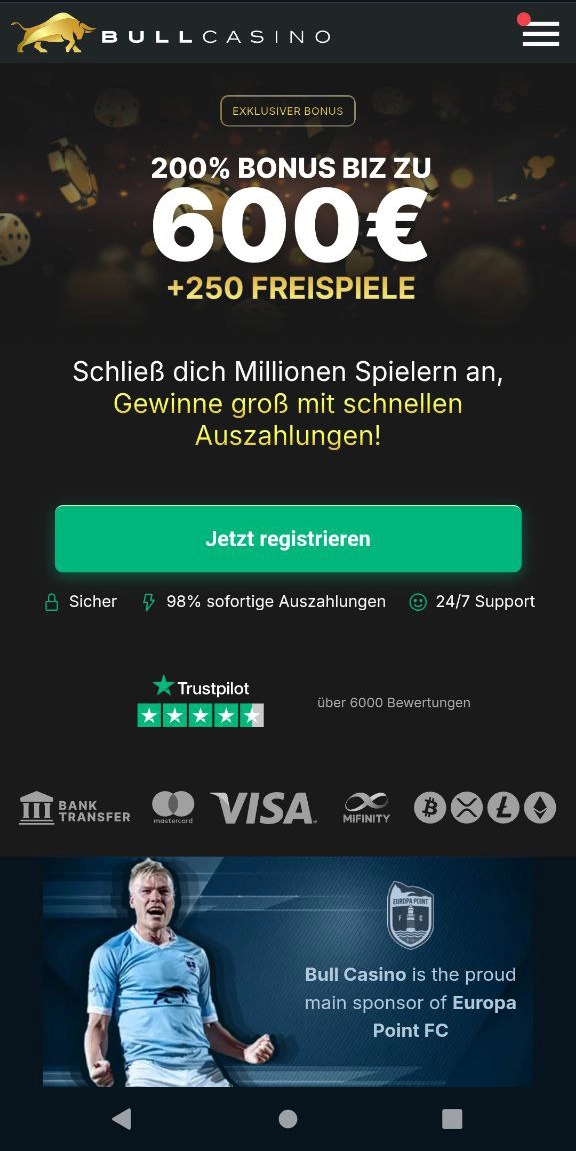 Kompakte Übersicht der Bull casino Hauptseite